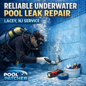 Technician performing underwater pool leak repair in a residential pool in Lacey, NJ.