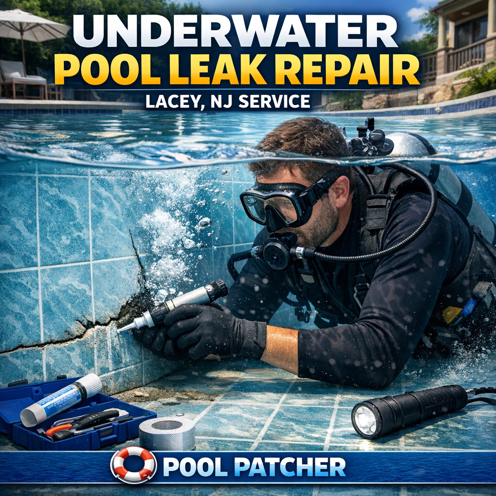 Technician performs underwater pool leak repair in Lacey, NJ, using specialized equipment for reliable service.
