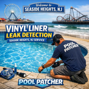 Technician using leak detection equipment on a vinyl liner pool at Seaside Heights, NJ.