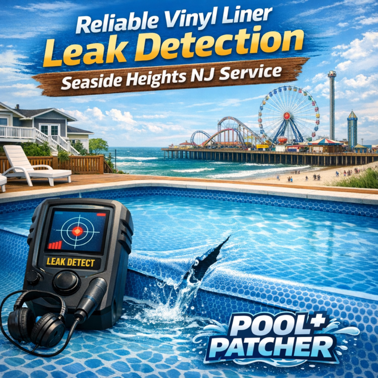 Technician inspecting a vinyl pool liner for leaks using specialized equipment at a residential pool in Seaside Heights, NJ.