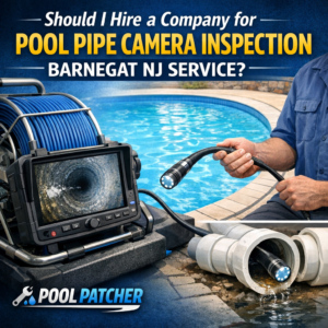 Technician performing a pool pipe camera inspection with specialized equipment near a backyard pool.