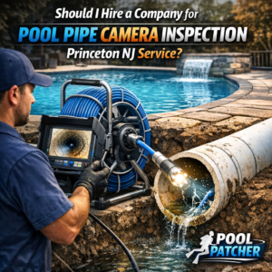Technician using a camera to inspect pool pipes during a professional service in Princeton, NJ.