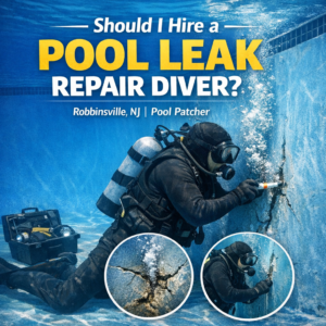 Professional diver repairing underwater pool cracks in Robbinsville, NJ, ensuring leak-free swimming pool maintenance.