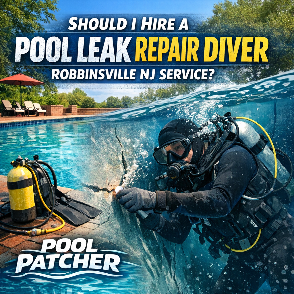 Diver inspecting a pool underwater for leak repair in Robbinsville, NJ.