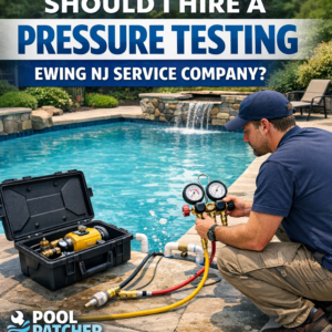 Technician performing pressure testing on a pool plumbing system in Ewing, NJ.