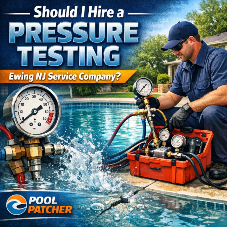 Technician performing pressure testing on a pool pipe using specialized equipment in Ewing, NJ.