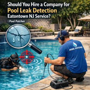 Technician using specialized equipment to detect a pool leak in a residential backyard in Eatontown, NJ.