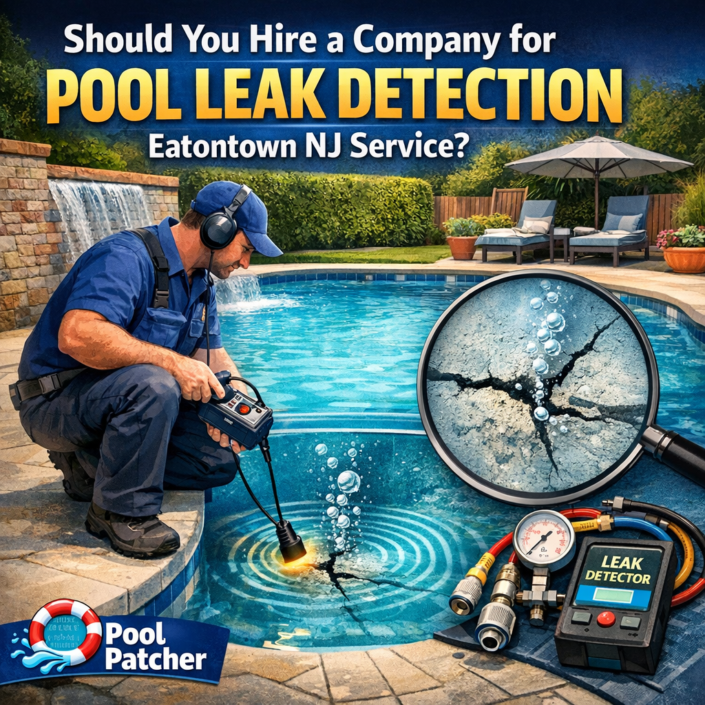 Technician using advanced equipment to detect leaks in a residential pool in Eatontown, NJ.
