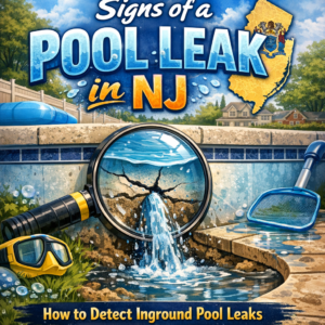 Diagram showing common signs of an inground pool leak, including water loss and cracks near the pool.