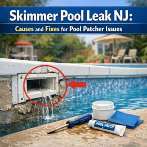 Close-up of a pool skimmer showing tools and materials used for repairing leaks in NJ pools.