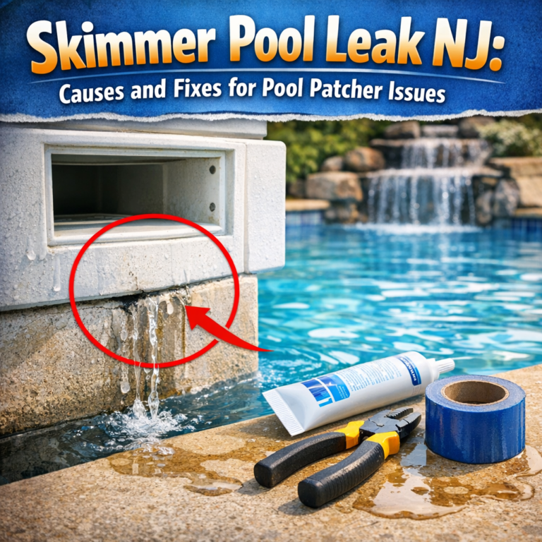 Tools and materials for repairing a leaking pool skimmer beside a pool in New Jersey.