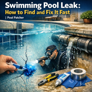 Diagram showing tools and steps to quickly find and fix swimming pool leaks efficiently.