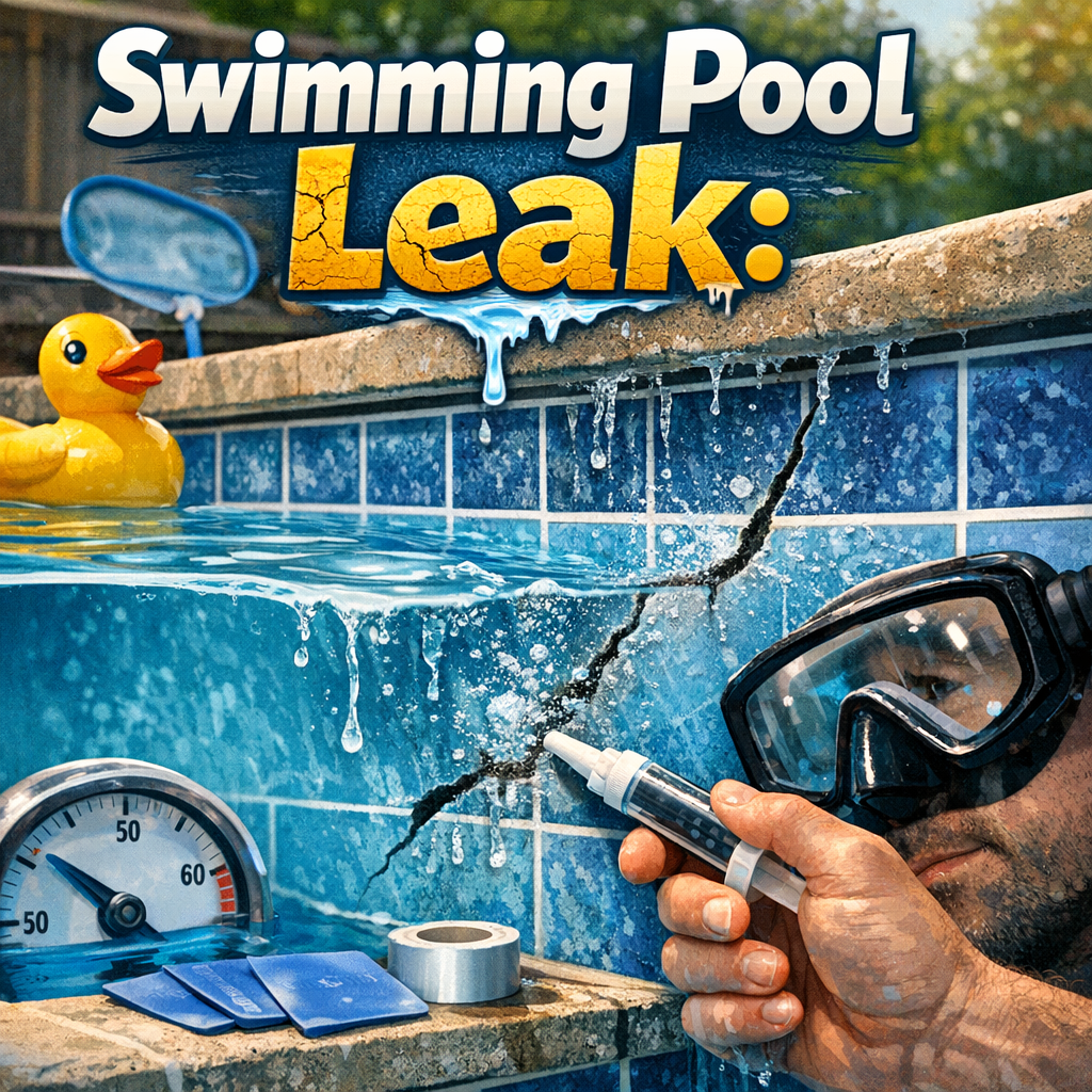 Close-up of a cracked swimming pool wall with a diver inspecting a leak underwater.