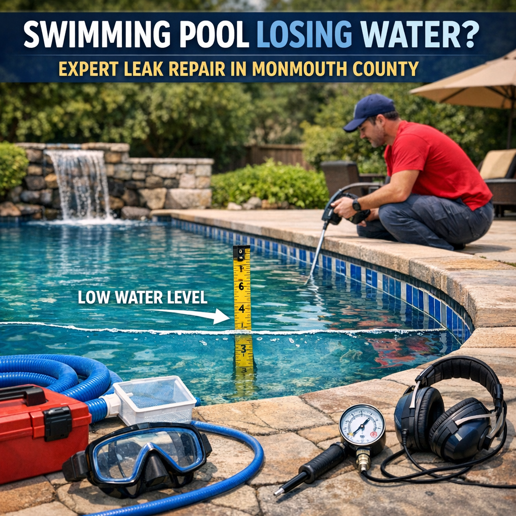 Swimming pool technician inspecting pool edge for leaks to fix water loss in Monmouth County.