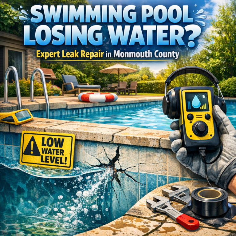 Technician inspecting swimming pool leak with detection equipment for expert repair in Monmouth County.