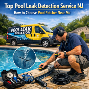 Technician using electronic equipment to detect leaks in a residential outdoor swimming pool.