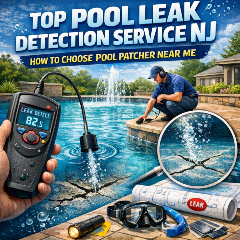 A pool technician inspects a clear blue backyard pool with testing equipment for leak detection.