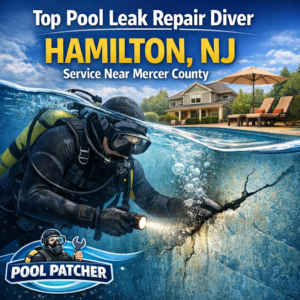 Diver repairing a pool leak underwater, performing maintenance in Hamilton, NJ near Mercer County.