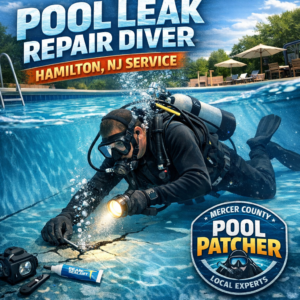 Professional diver inspecting and repairing a pool leak underwater in Hamilton, NJ.