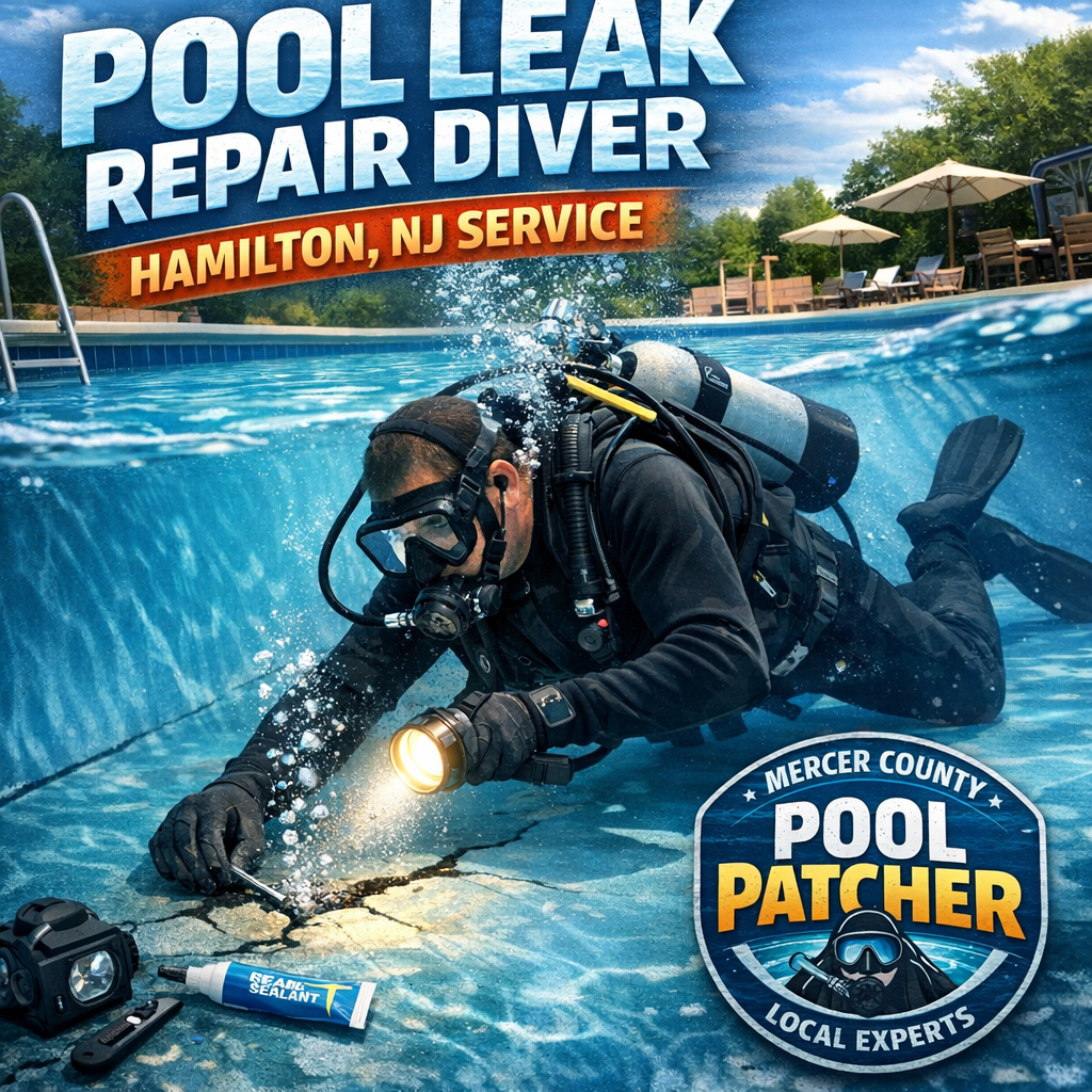 Professional diver inspecting and repairing a pool leak underwater in Hamilton, NJ.
