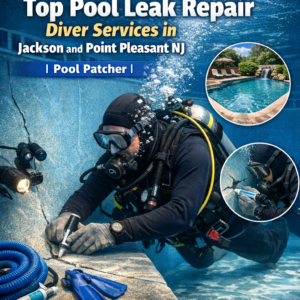 Diver inspecting underwater pool lining to locate leaks for professional pool leak repair services.