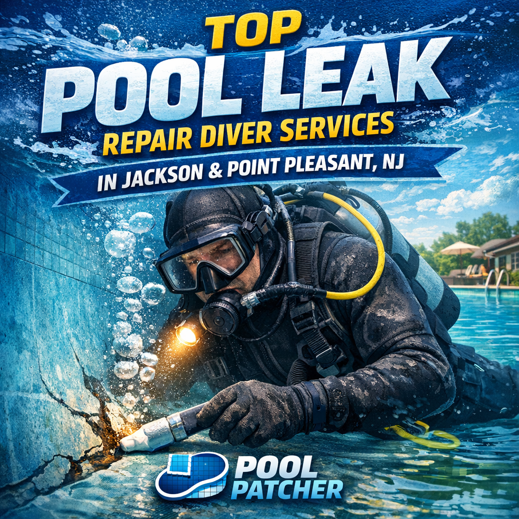 Diver inspecting a swimming pool underwater for leak repair services in Jackson and Point Pleasant, New Jersey.