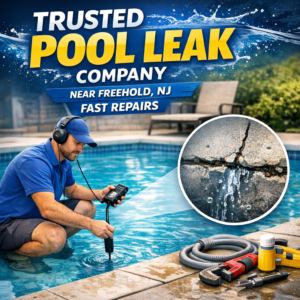 Technician using leak detection equipment on a residential pool near Freehold, NJ.