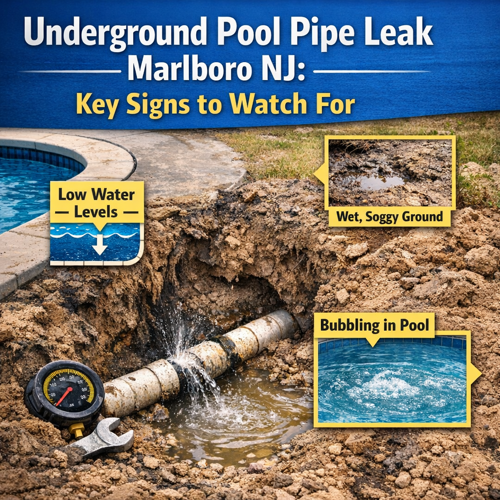 Underground pool pipe leak signs in Marlboro NJ: low water, soggy ground, and bubbled water surface.