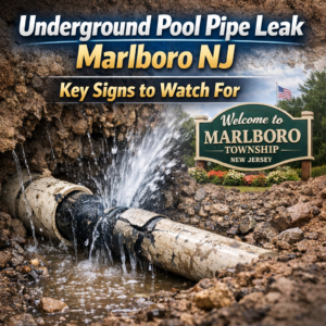 Diagram showing underground pool pipe leak with signs to watch for in Marlboro, NJ pool repair services.