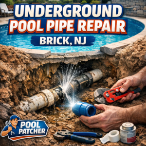 Technician repairing an underground pool pipe using professional tools in Brick, NJ.