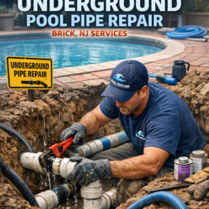 Technician repairing underground pool pipe with equipment and tools in Brick, NJ residential backyard.