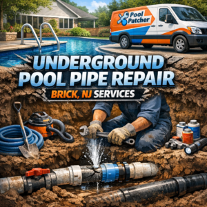 Technician repairing underground pool pipe with tools and equipment in Brick, NJ.