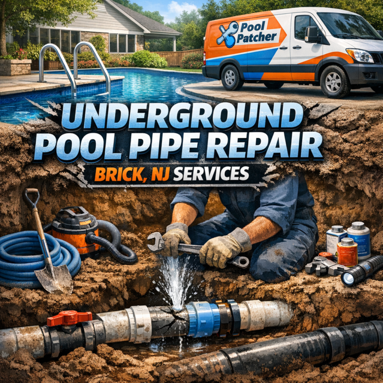 Technician repairing underground pool pipe with tools and equipment in Brick, NJ.