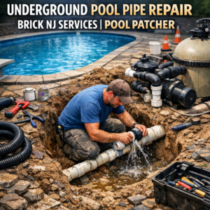 Technician repairing an underground pool pipe near a residential swimming pool in Brick, NJ.