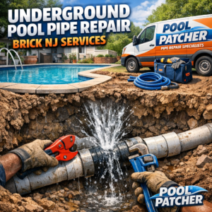 Technician repairing underground pool pipe with tools and equipment in Brick, NJ.