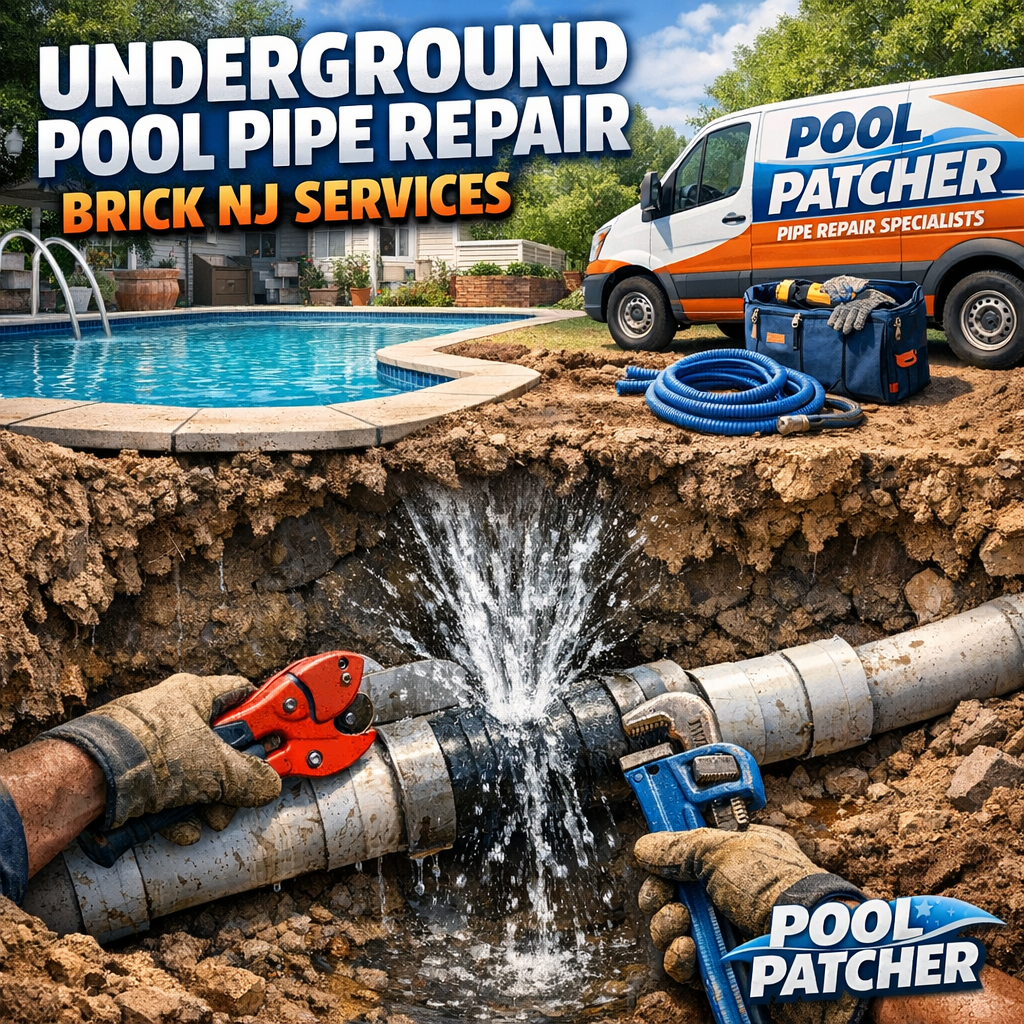 Technician repairing underground pool pipe with tools and equipment in Brick, NJ.
