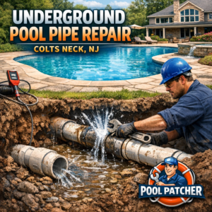 Technician repairing underground pool pipes with tools and equipment in a Colts Neck, NJ backyard.