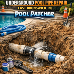 Underground pipe repair in a pool area with tools and equipment laid out on grass in East Brunswick, NJ.