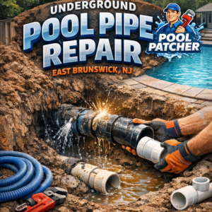 Technician repairing underground pool pipe using professional tools in East Brunswick, NJ.