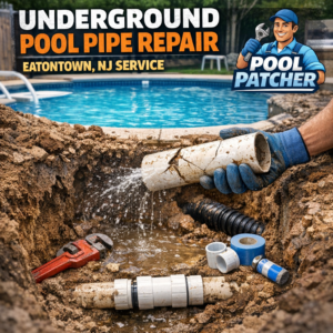 Technician repairing an underground pool pipe with tools and equipment in Eatontown, NJ.