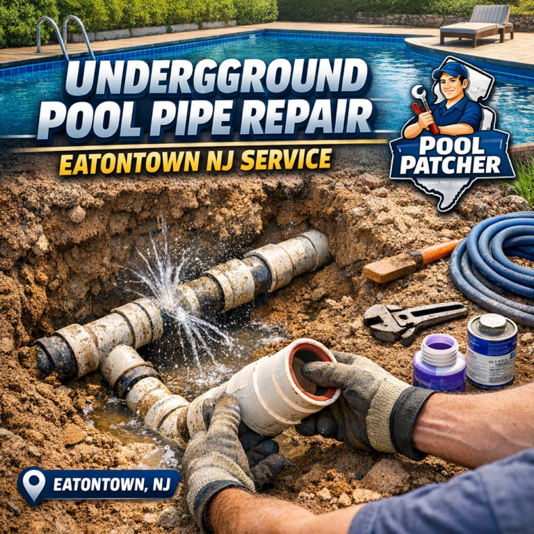 Close-up of a worker repairing an underground pool pipe with tools and blue water supply lines.