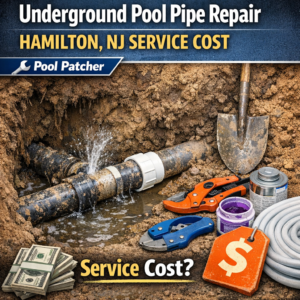 Leaking underground pool pipe being repaired with plumbing tools in Hamilton, NJ.