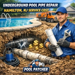 Close-up of a worker repairing underground pool pipes with tools in Hamilton, NJ.