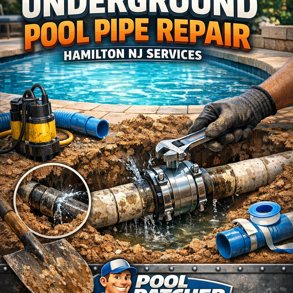 Close-up of hands repairing an underground pool pipe with plumbing tools in Hamilton, NJ.