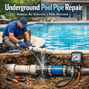 Close-up of a technician repairing an underground pool pipe with tools in Howell, NJ.