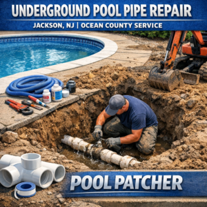 Close-up of a worker repairing an underground pool pipe with tools and exposed soil.