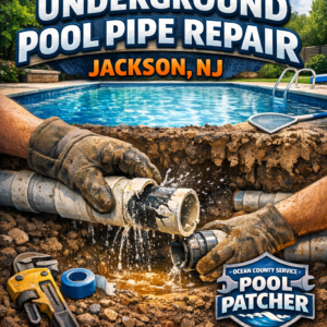Worker repairs underground pool pipe with tools and gloves at a residential backyard in Jackson, NJ.