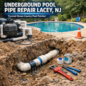 Close-up of professional tools and equipment used for underground pool pipe repair in Lacey, NJ.