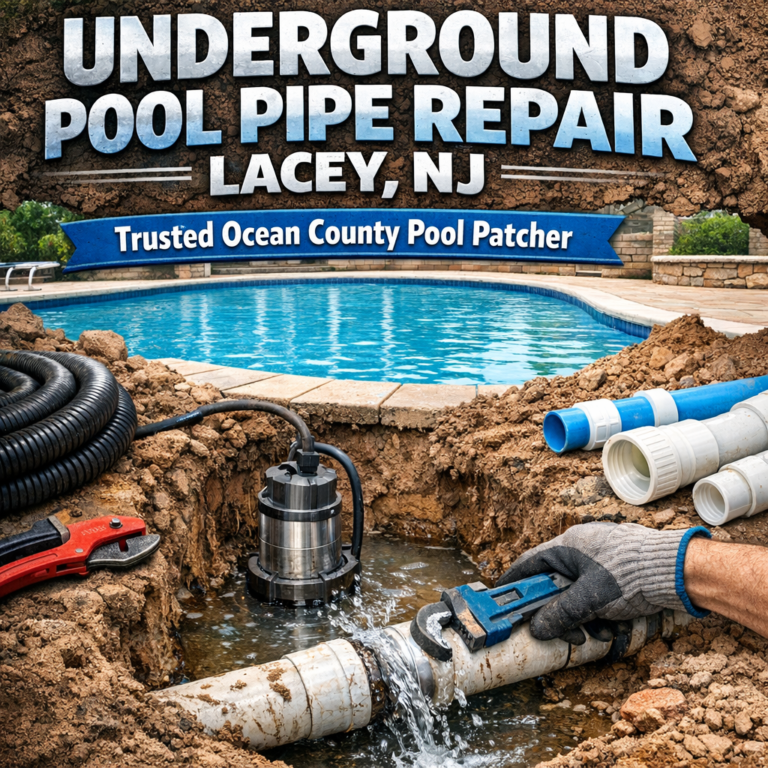 Close-up of a worker repairing an underground pool pipe in Lacey, NJ, using professional tools and equipment.