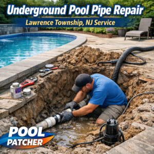Close-up of hands repairing an underground pool pipe with tools and sealing tape in Lawrence Township, NJ.